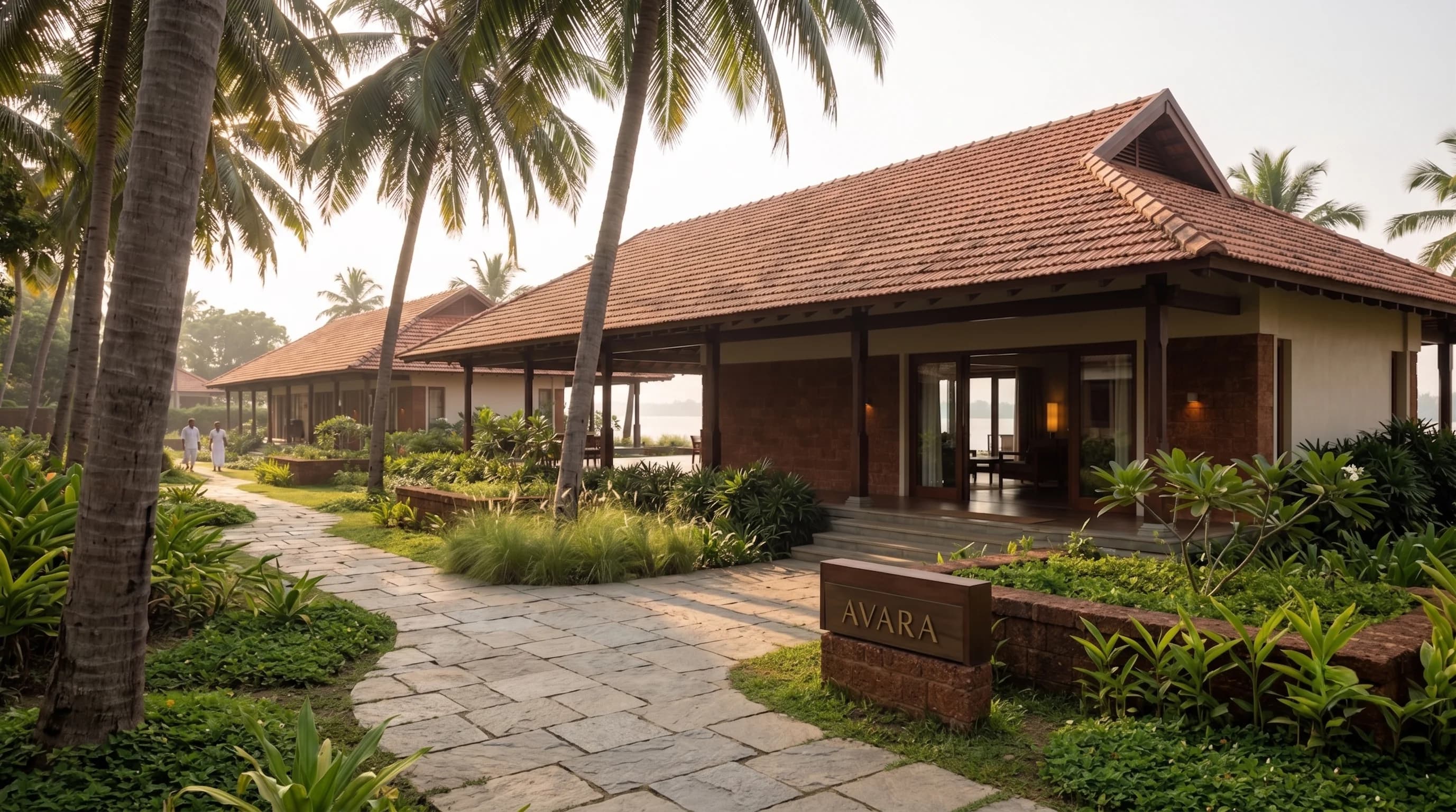 The arrival at AVARA: a stone path curving through planting and coconut palms toward low tiled pavilions, a laterite plinth carrying the name, staff walking, the lake beyond.