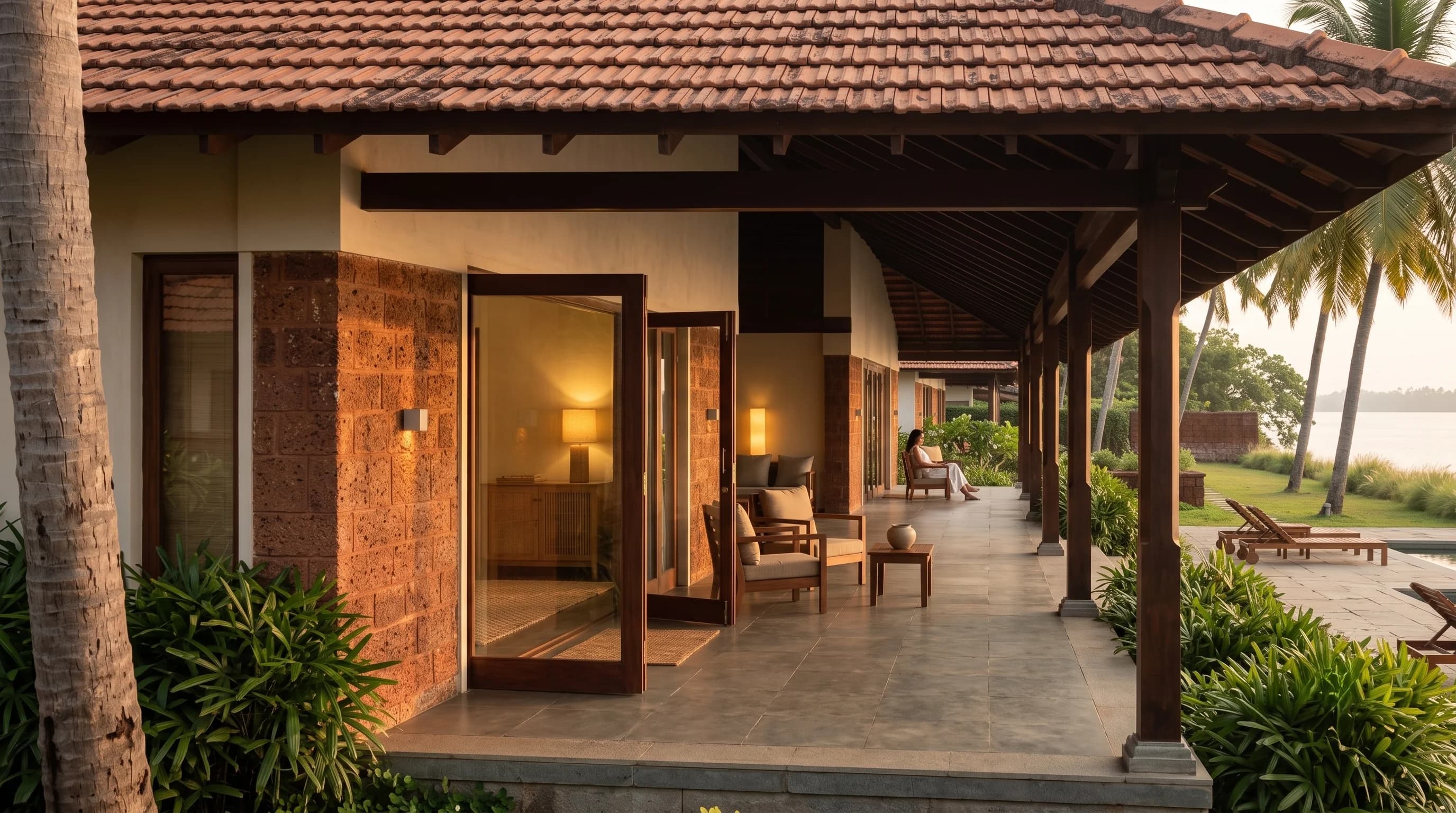 A deep veranda at AVARA: terracotta tiled roof on dark timber columns, laterite walls, a stone floor, a chair and low table, the lake through the columns at dusk.