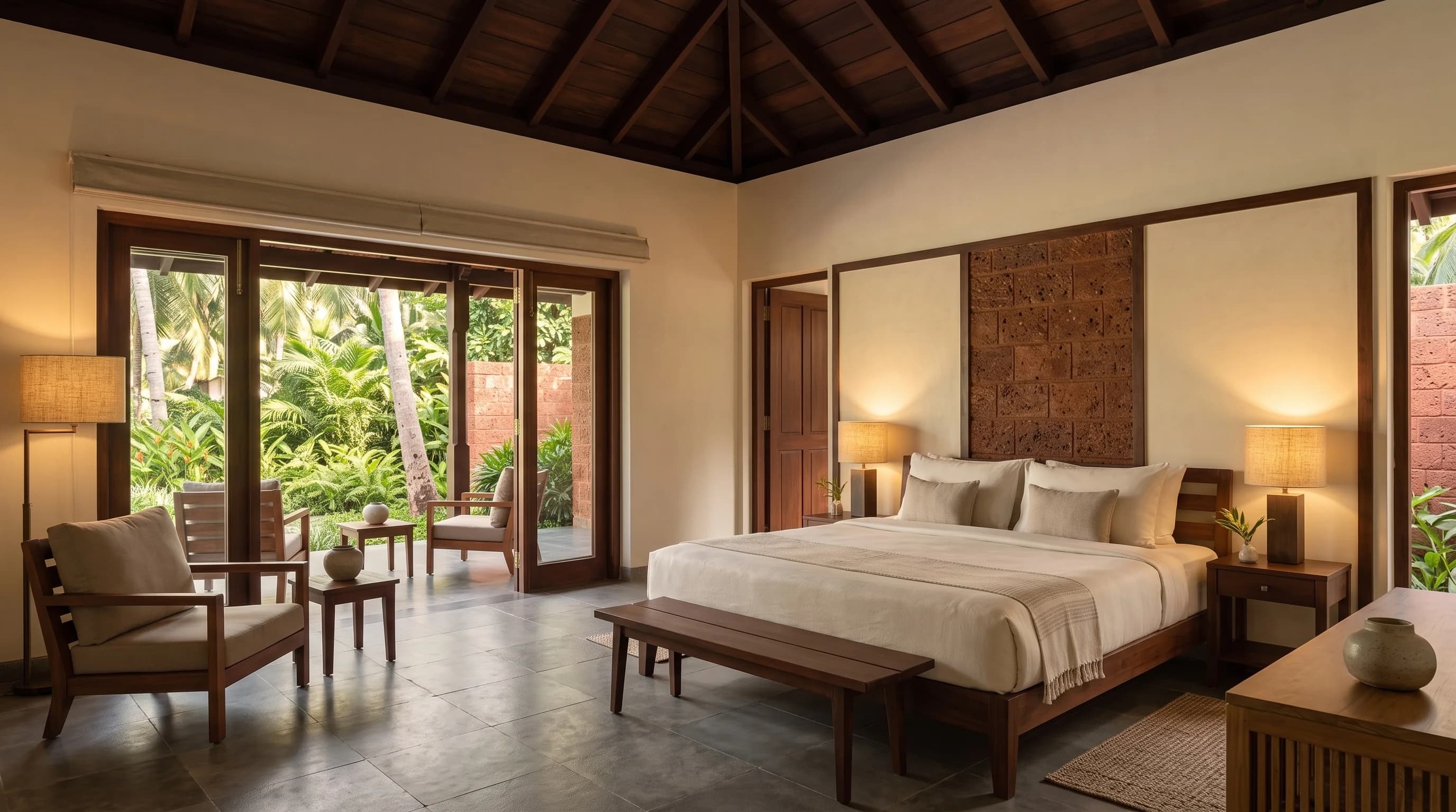 The Garden Villa bedroom: a dark timber ceiling under the tiled roof, a laterite panel behind the bed, timber furniture, and doors folded back onto the garden.