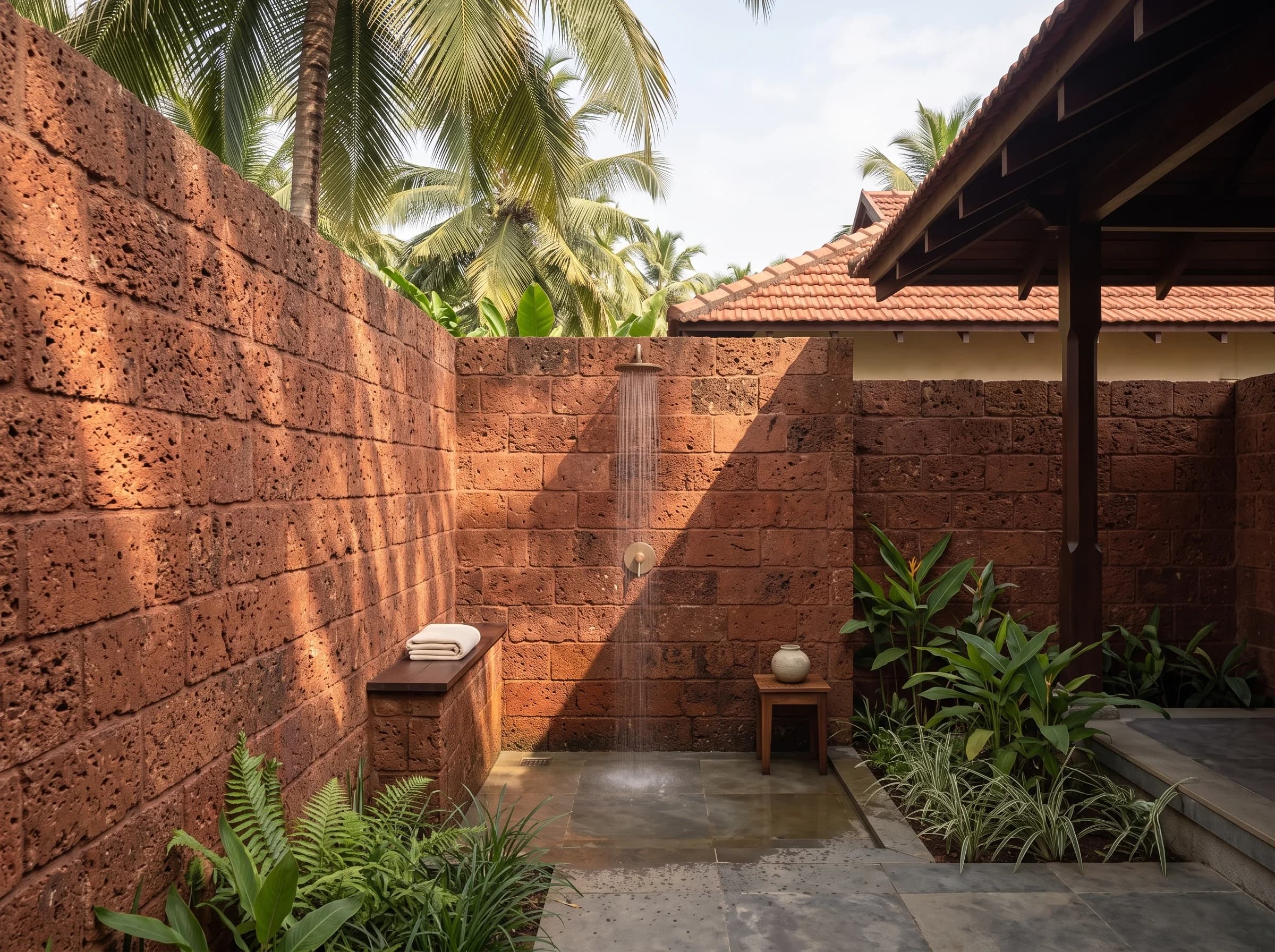 The Garden Villa outdoor shower: walled in laterite and open to the sky, with a brass shower head, a timber bench, ferns along the floor and palms overhead.