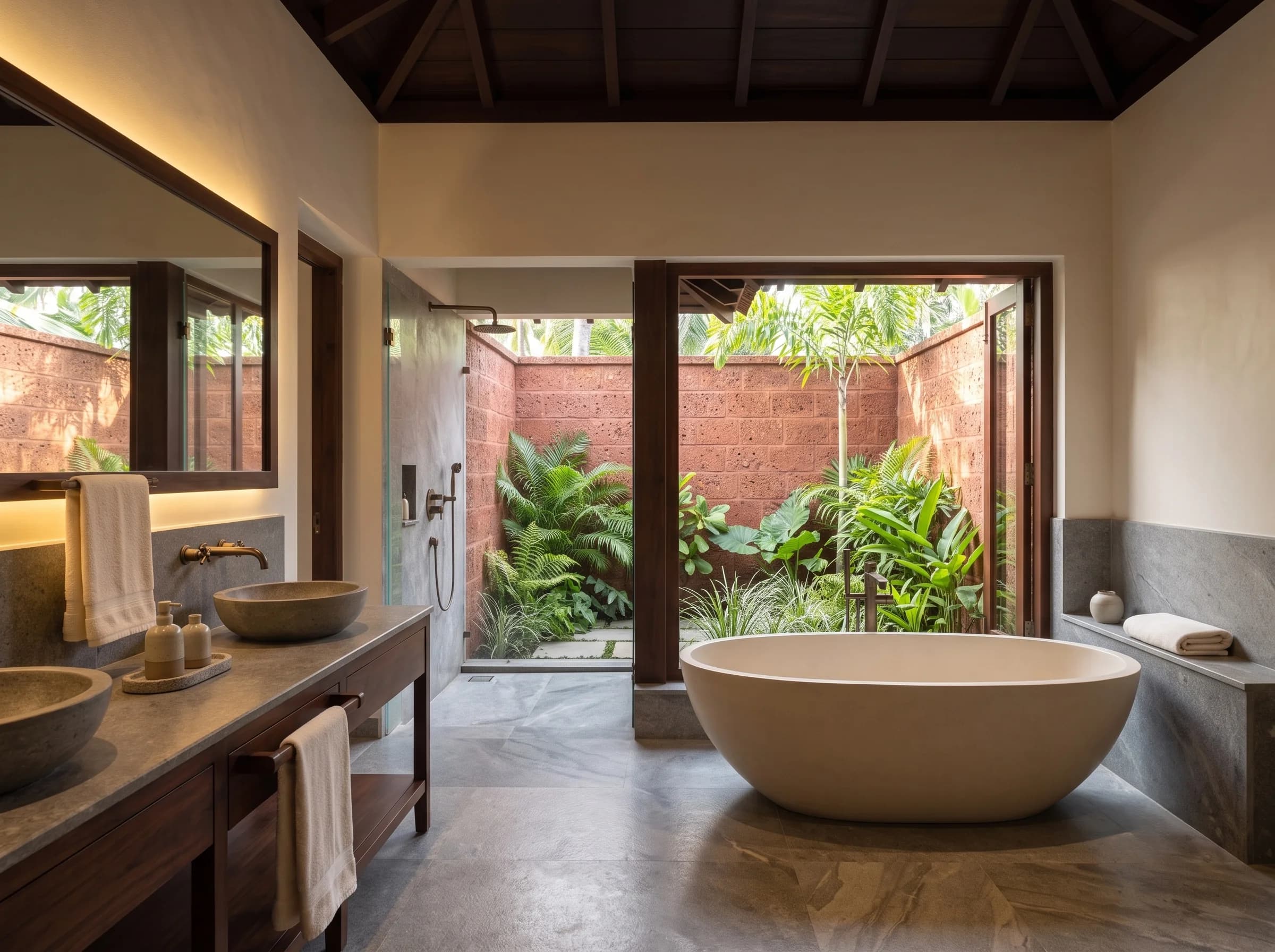 The Lake Villa bath: a stone tub and twin stone basins under a timber ceiling, opening onto a small laterite-walled garden of ferns and palms with a shower open to the sky.