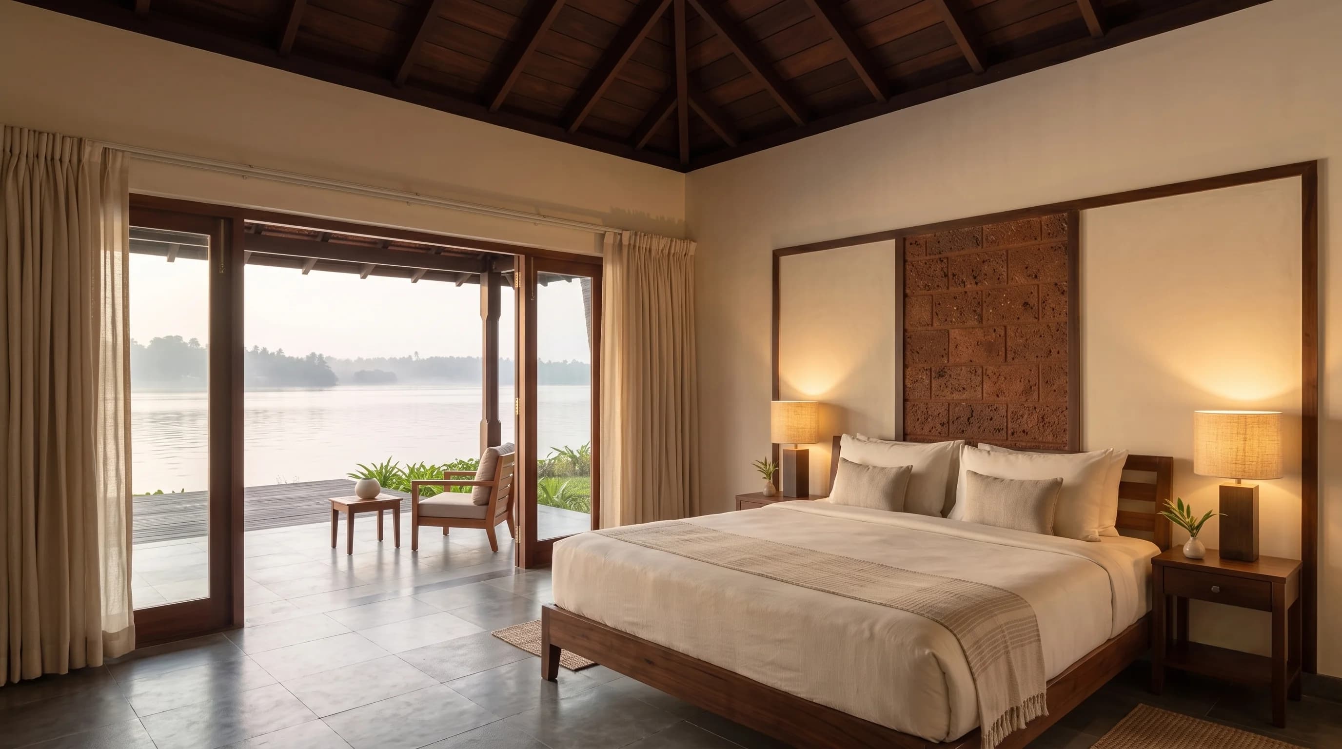 The Lake Villa bedroom: a dark timber ceiling, a laterite panel behind the bed, and glass doors folded fully back onto the deck, with the misty backwater and far shore beyond.