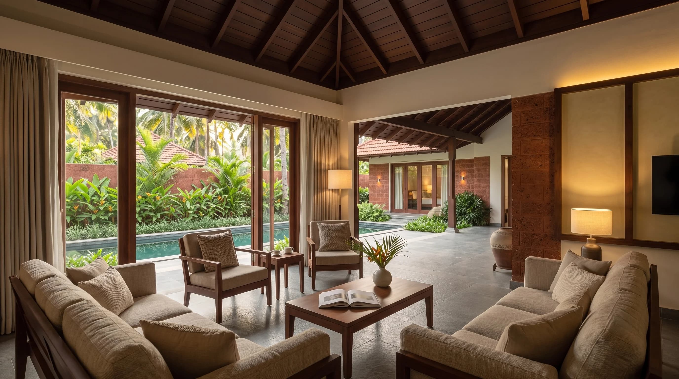 The Private Pool Villa living pavilion: sofas and low chairs under a timber ceiling, doors slid back onto the pool and walled garden, with the second wing of the villa across the water.