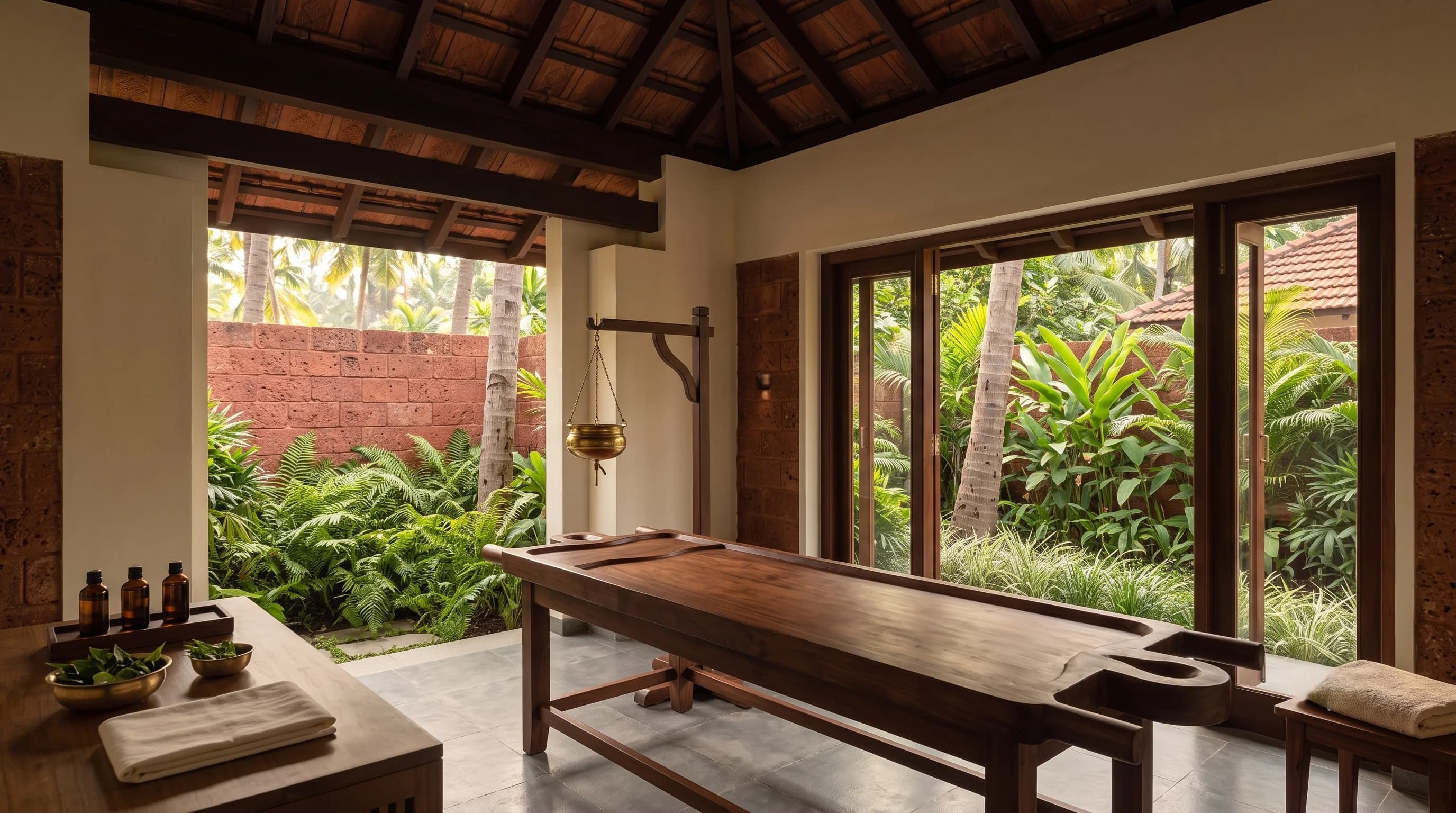 An open-sided treatment room with a dark timber massage table, a hanging brass dhara pot, oil bottles and folded towels, laterite walls and palms visible through the open doors.