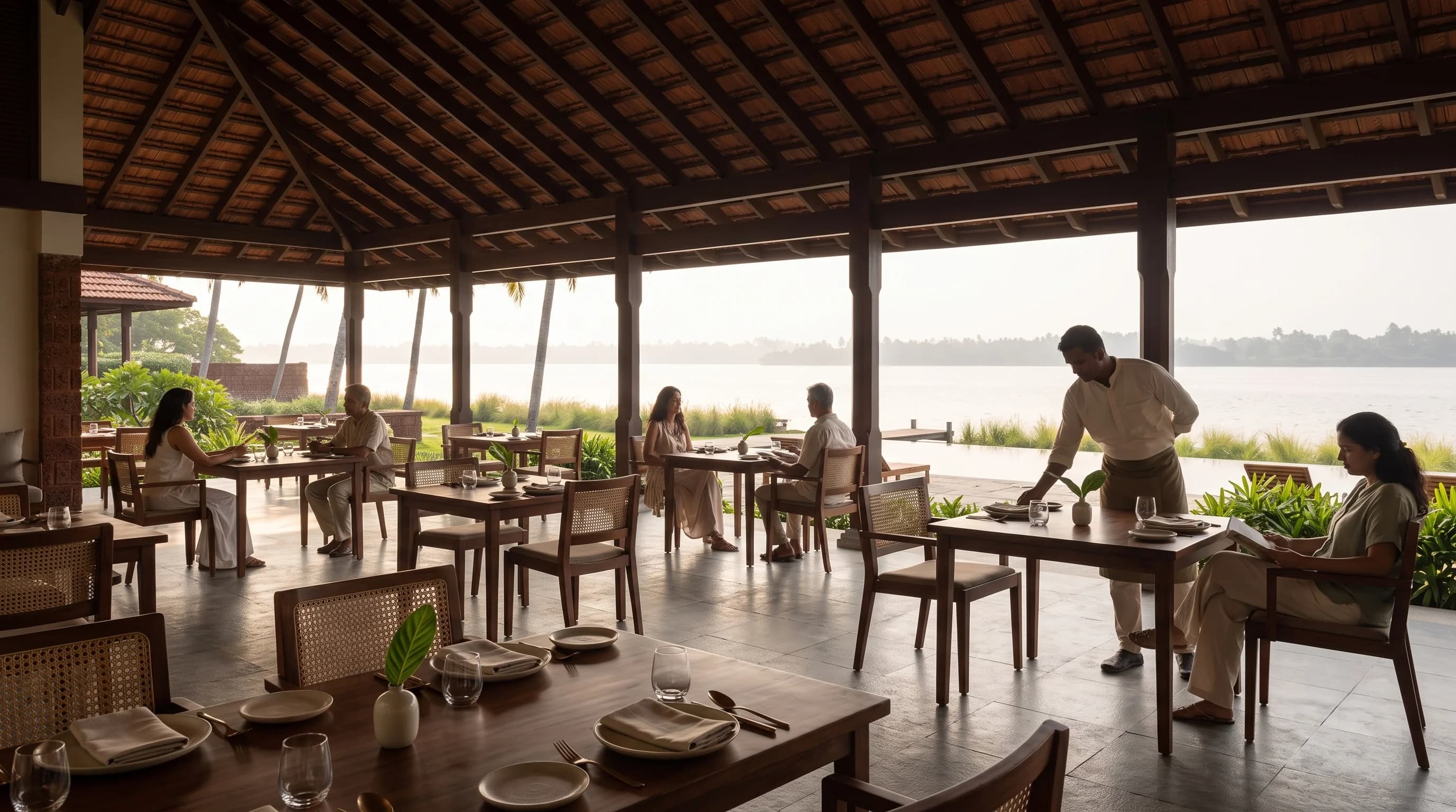 The dining pavilion open on three sides to Vembanad Lake, guests seated at timber tables under a tiled roof in the late-afternoon light, a waiter setting a table.