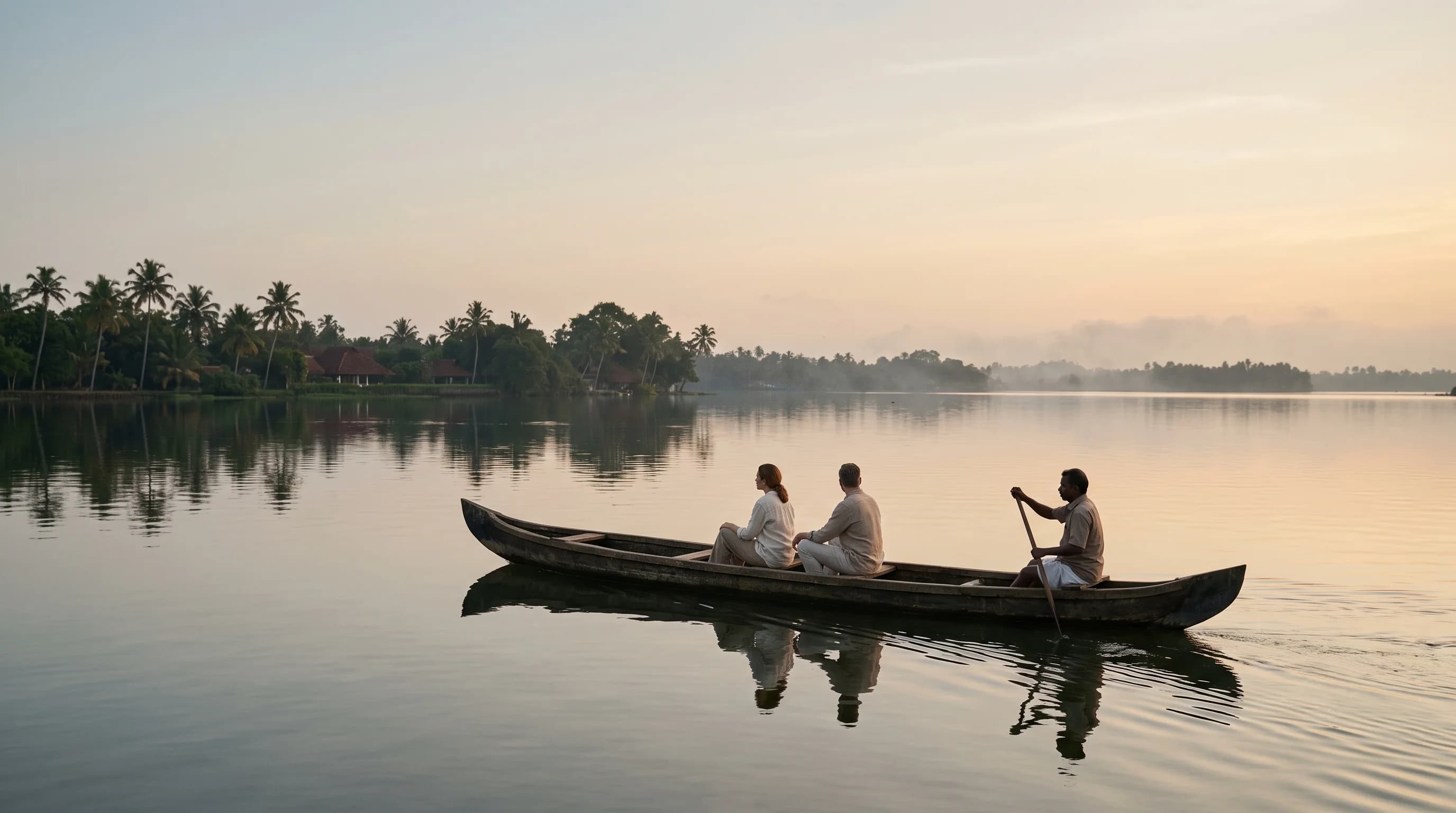Two guests and a boatman in a wooden canoe on open water at dusk, palms and tiled roofs along the far shore, the boatman poling from the stern.