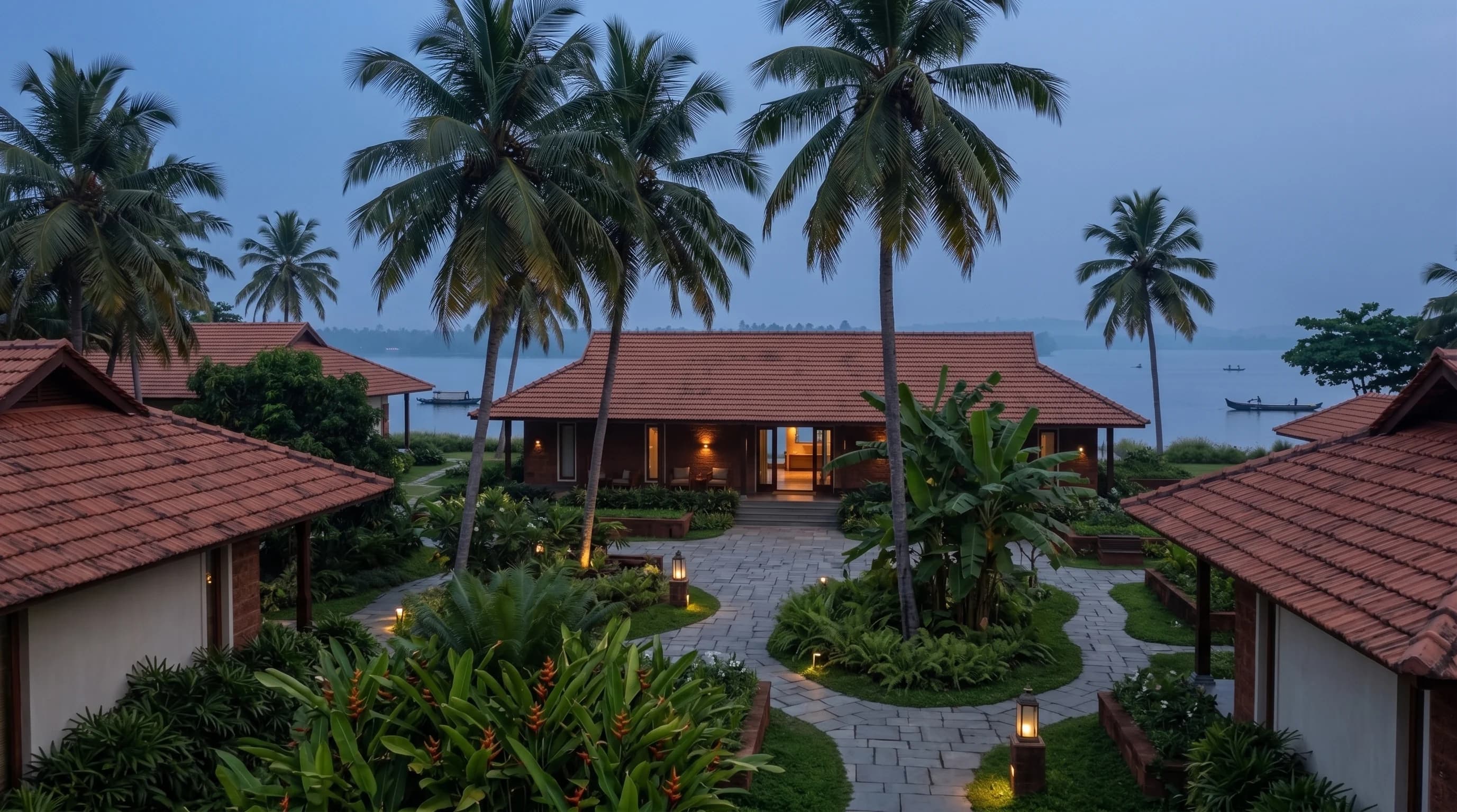Looking down over the courtyard at dusk: tiled roofs, stone paths curving between planting, lanterns lit along them, and a pavilion still open at the far end with the lake beyond.