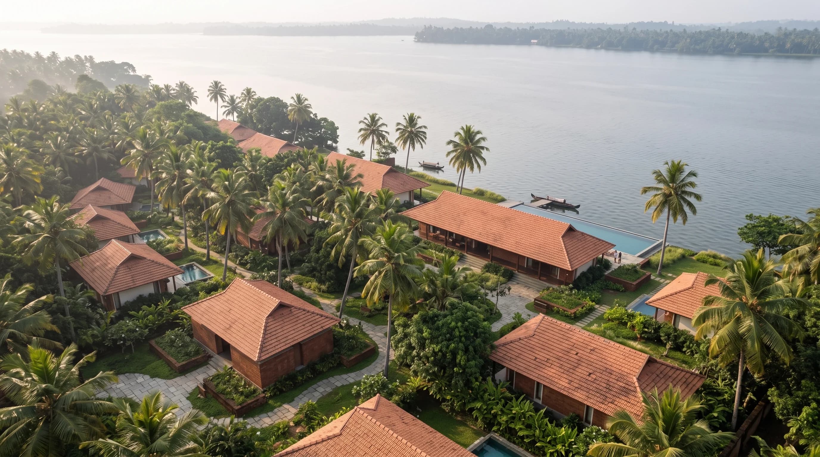 AVARA from above: tiled roofs among coconut palms on a strip of land beside Vembanad Lake.