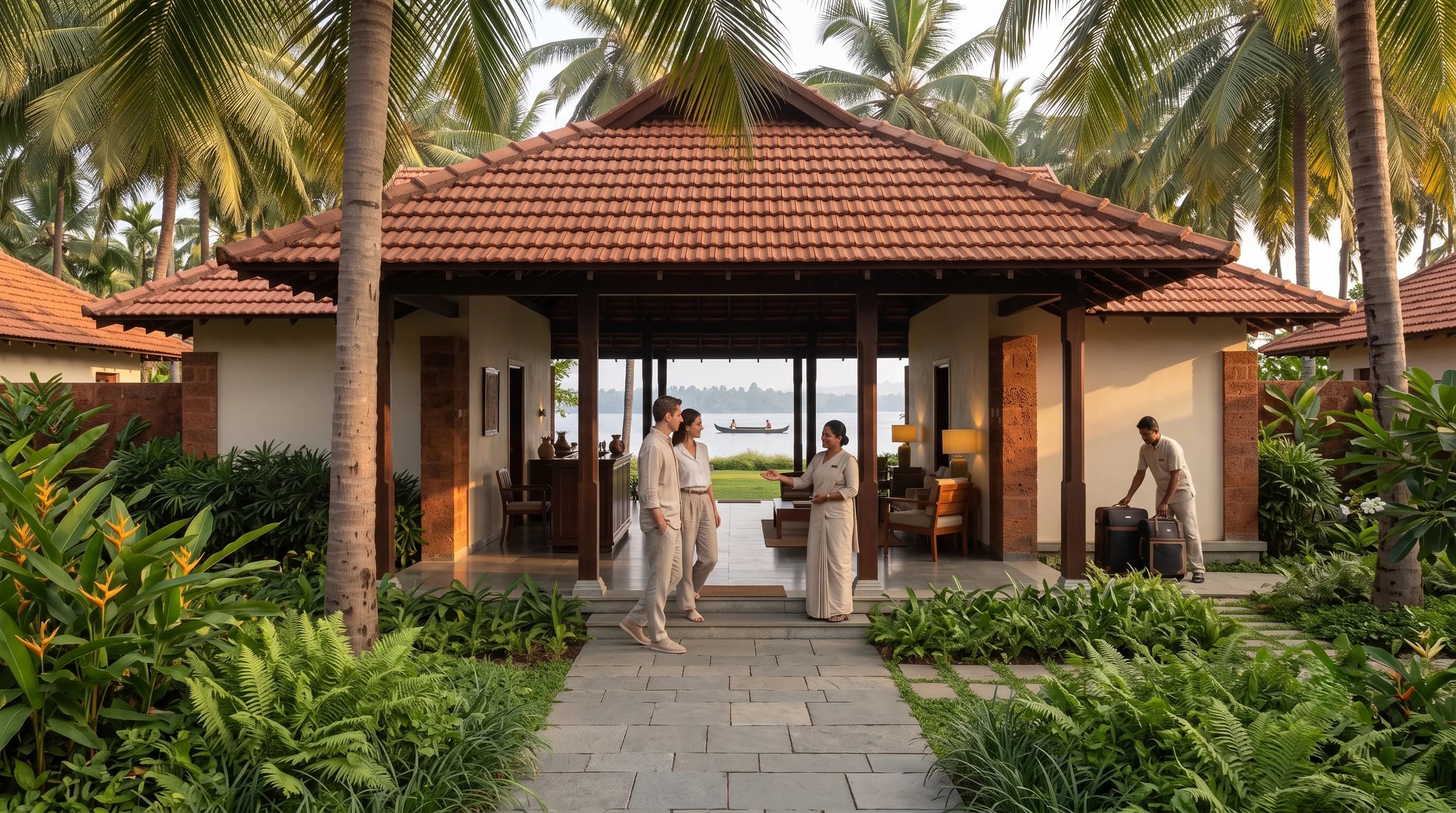The arrival pavilion under its tiled roof, open straight through to the lake, where two guests are being welcomed and their luggage taken in.