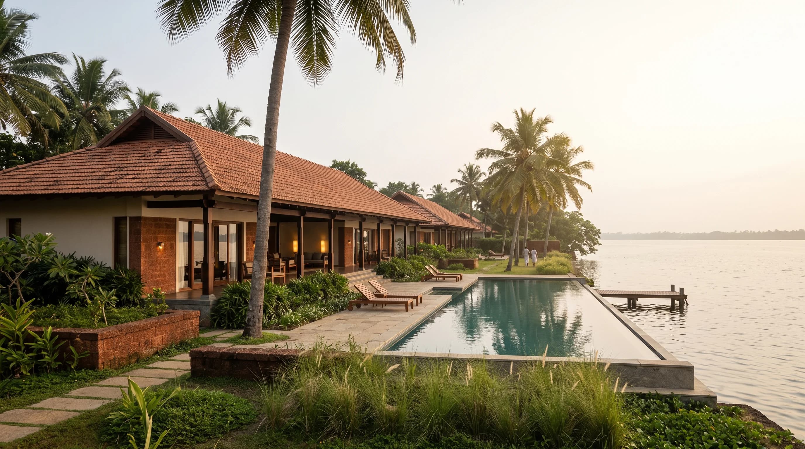 Tiled pavilions and a long pool at the edge of the backwater at dusk, with palms overhead.
