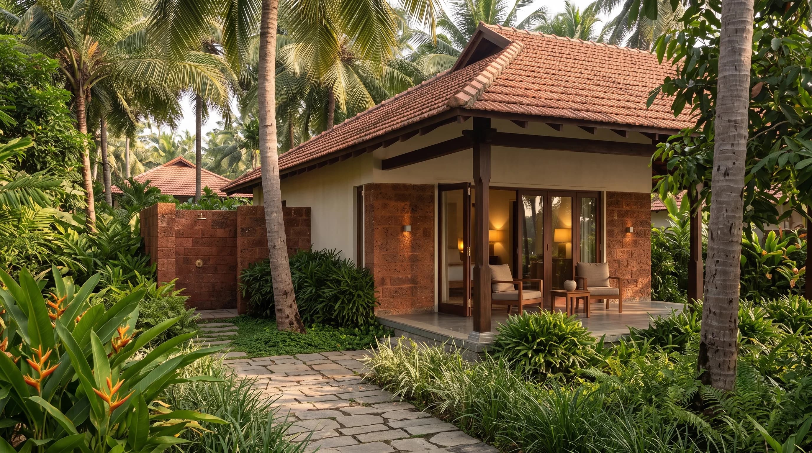 A tiled villa among dense planting, with a laterite wall screening the outdoor shower and a stone path to the veranda.