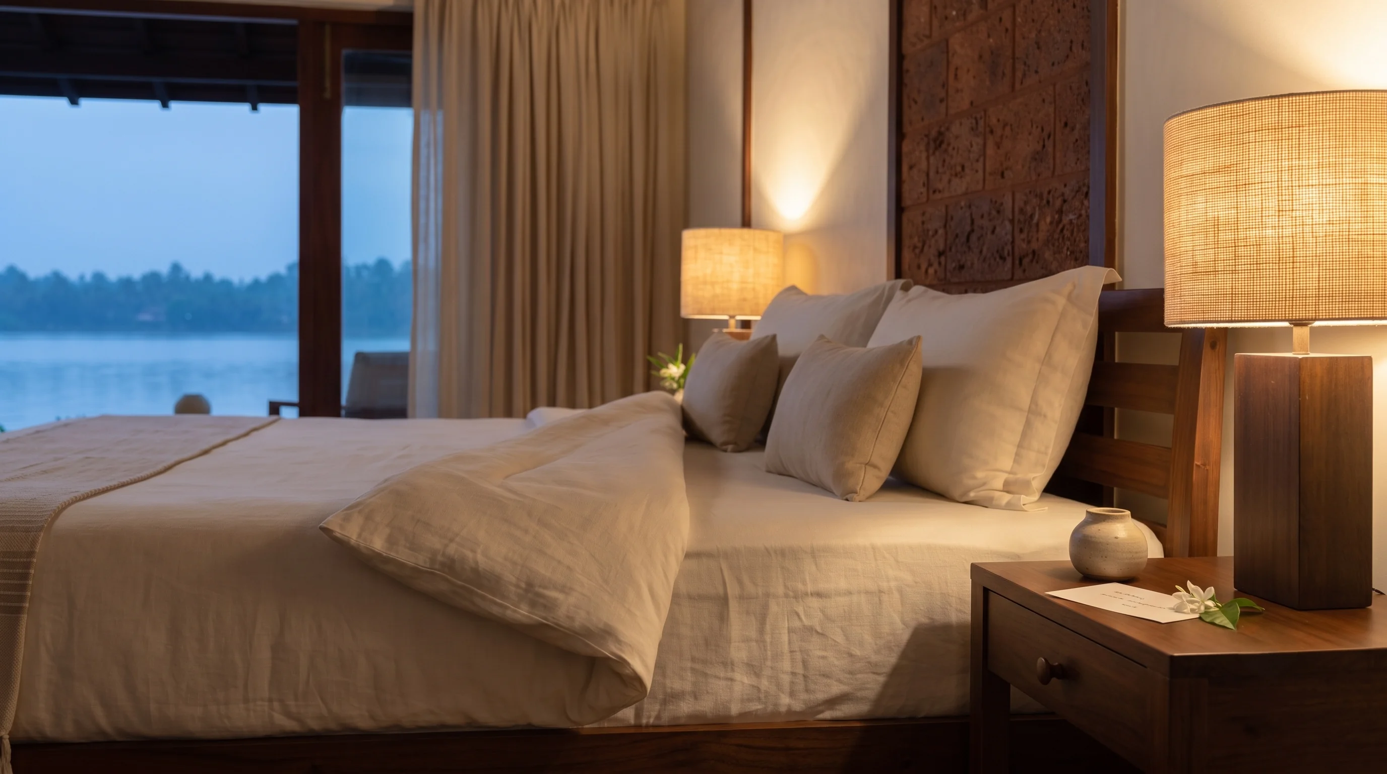 A lamplit room at night with the doors left open to the deck, the laterite wall warm behind the bed and the pale lake just visible outside.
