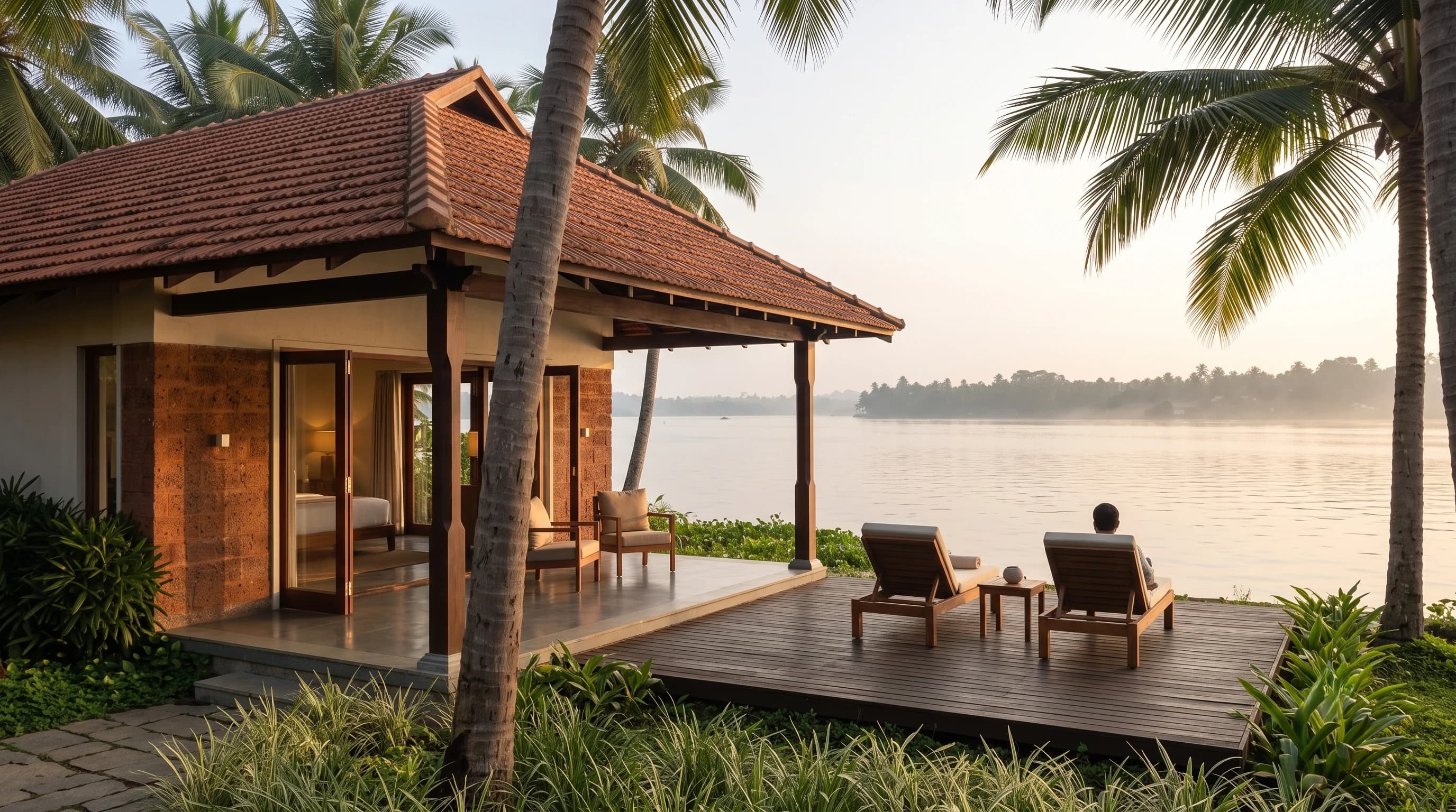 A villa opening onto a timber deck at the edge of the backwater, with two loungers and someone looking out at the water.