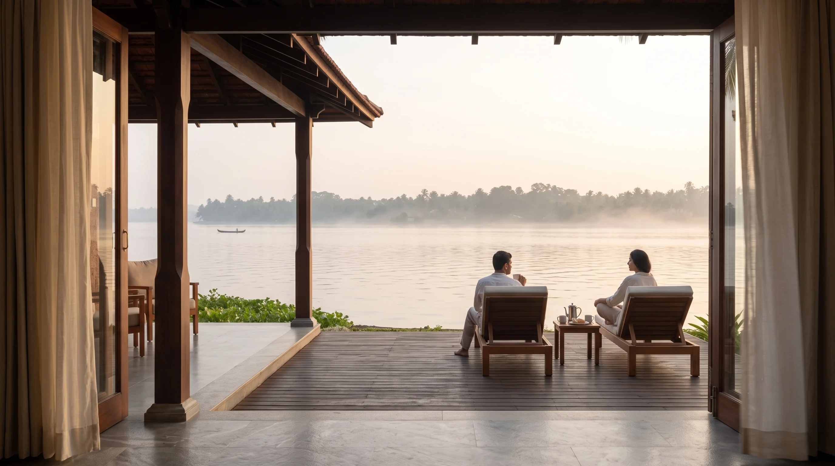 Looking out from inside a villa between curtains and timber columns: two guests in loungers on the deck with a pot of tea, the still lake and far shore beyond.