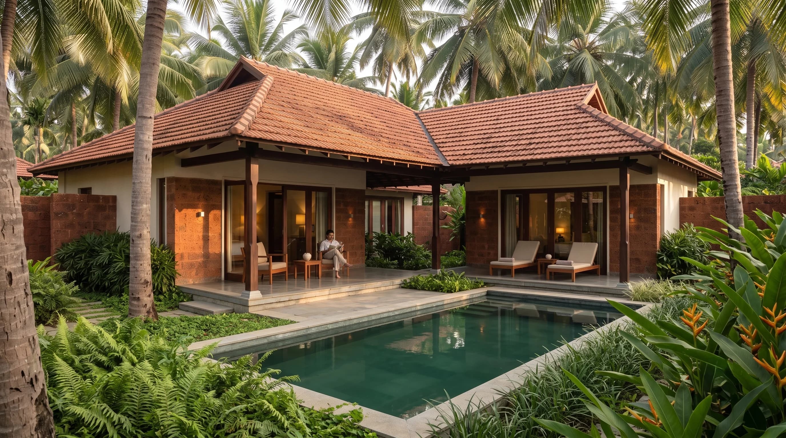 A villa with two wings around a private pool, enclosed by laterite walls, with someone reading on the veranda.