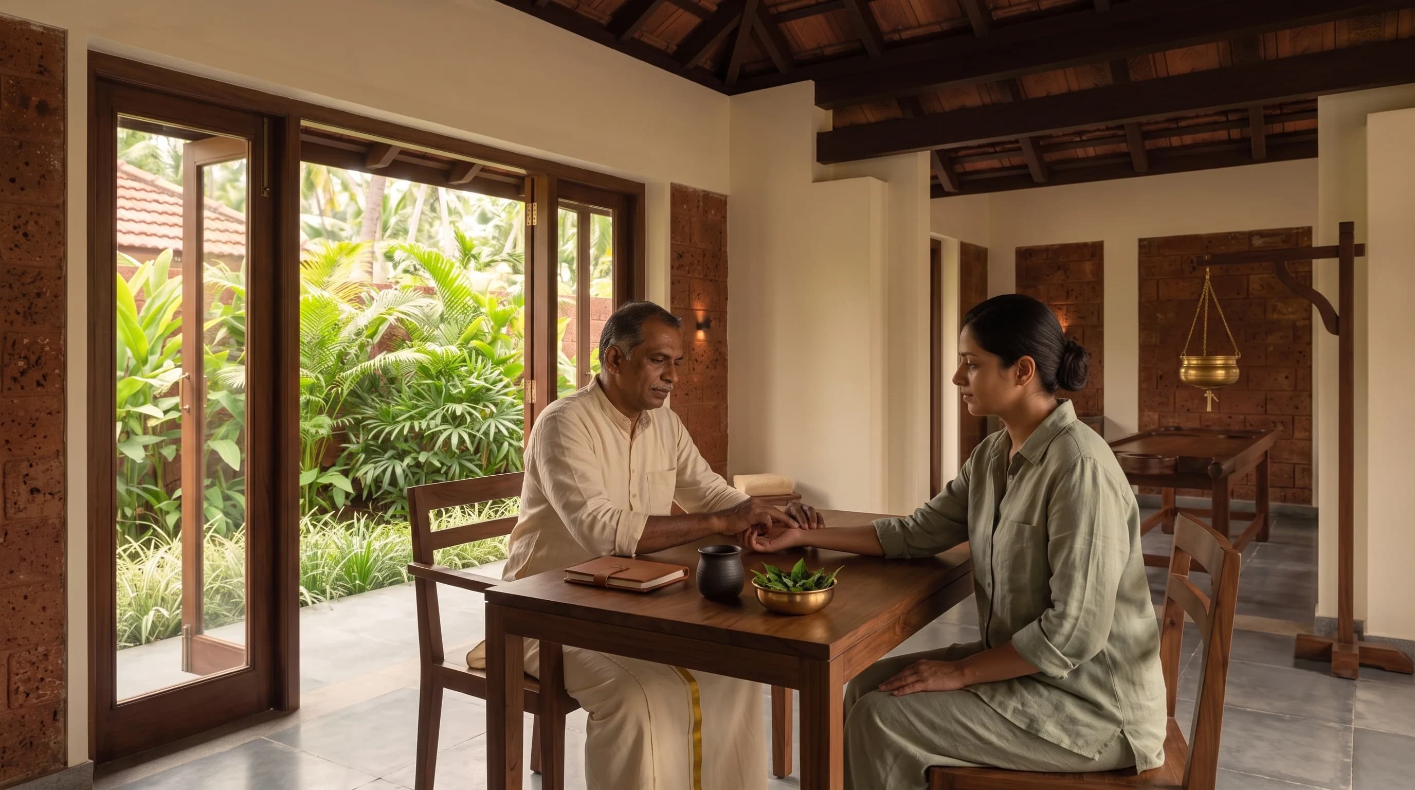A practitioner in a timber-framed room taking a guest's pulse across a table, with a notebook, a clay cup and a brass bowl of fresh leaves, and the garden doors open behind them.
