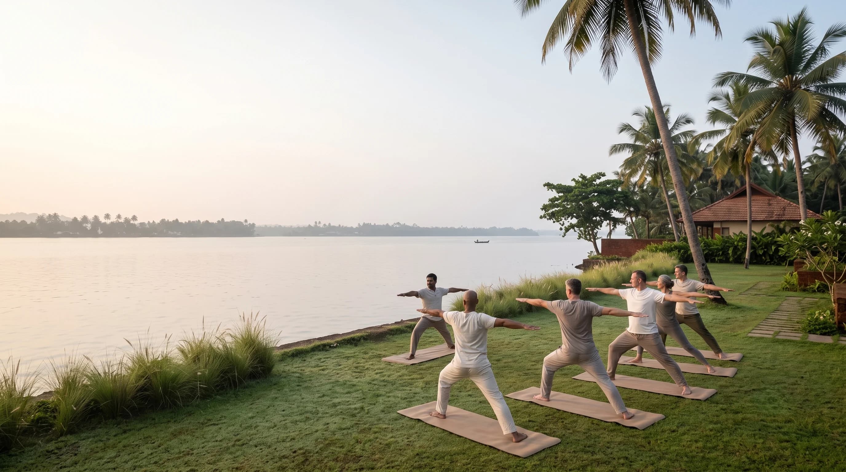 A handful of people on mats on the lawn at the water's edge, early, with their backs to the camera.