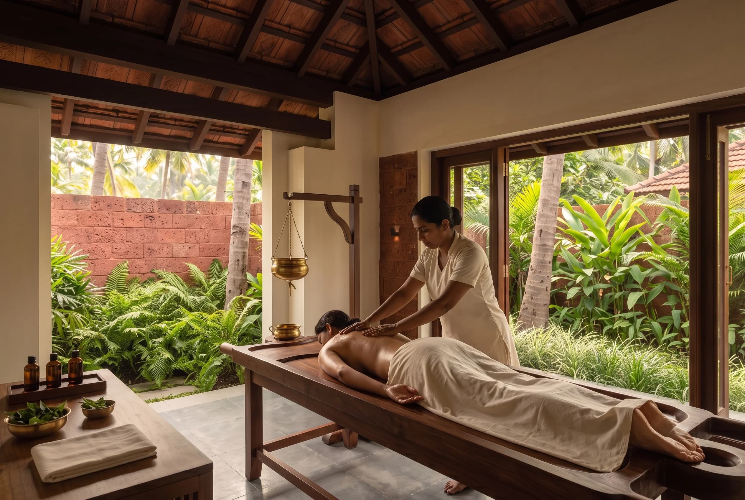 A therapist working warm oil into a guest's shoulders on a dark timber treatment table, with oil bottles, a brass bowl of leaves and a hanging dhara pot, open to the garden.