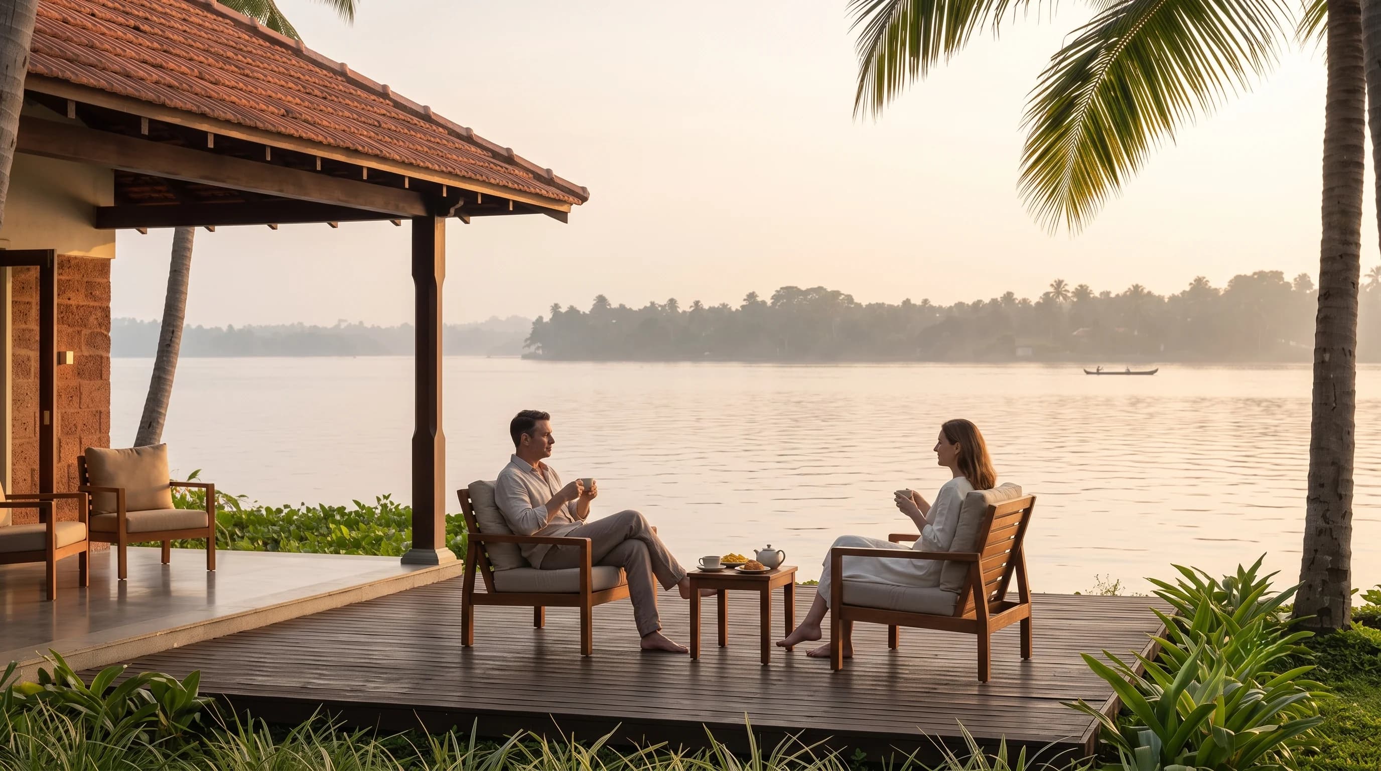 Two guests in low timber chairs on a deck at the water's edge at sunset, with a teapot and a plate on a small table between them.