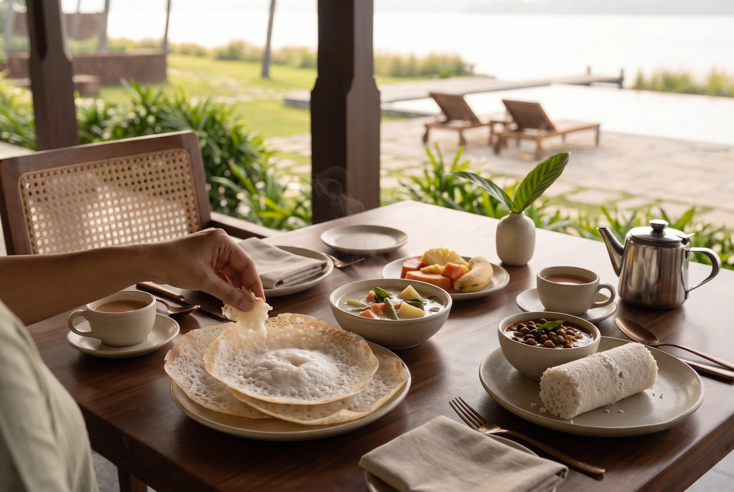 A breakfast table on the veranda: appam, a bowl of stew, kadala, fruit, two cups of tea and a steel pot, with a hand reaching in.