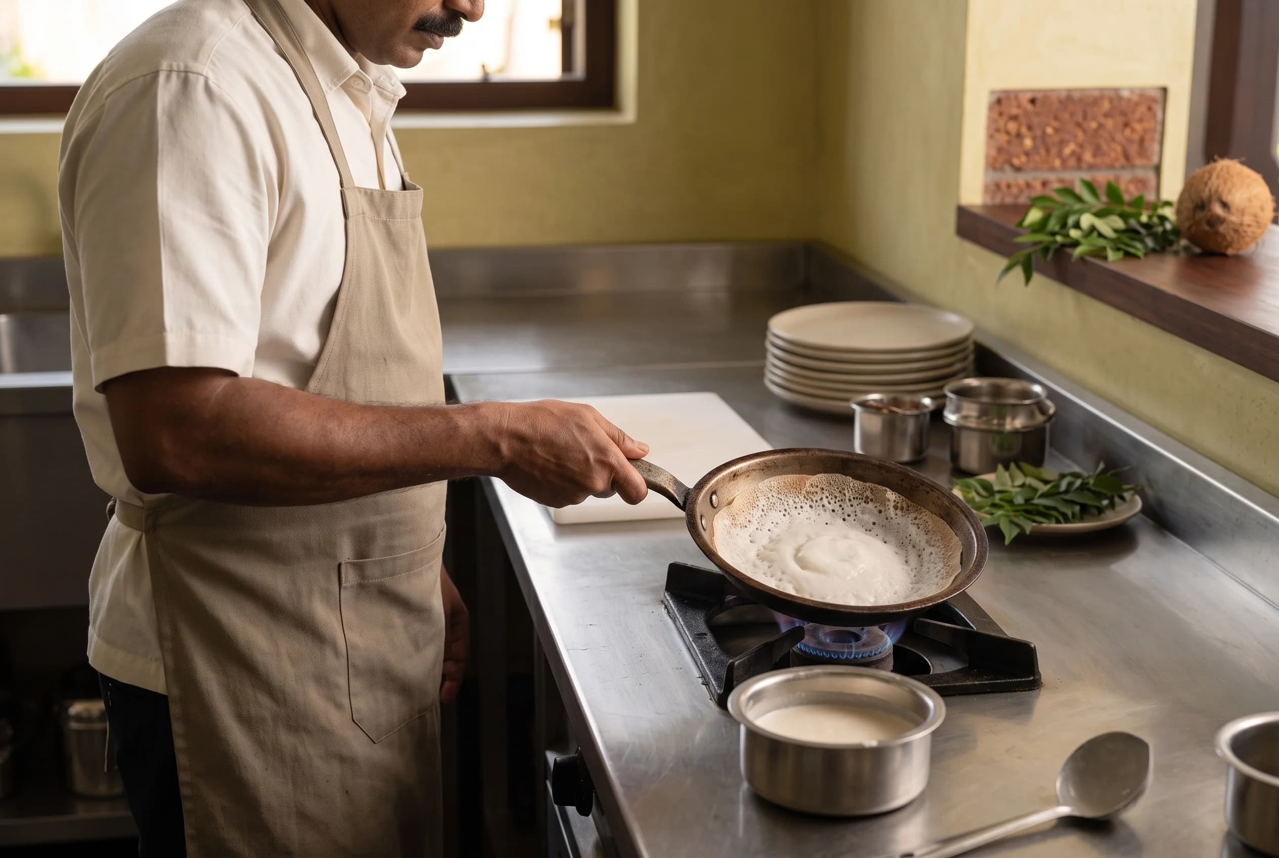 A cook tilting a small pan over a gas flame, the batter spreading into a lacy-edged appam, with steel vessels, stacked plates and curry leaves alongside.