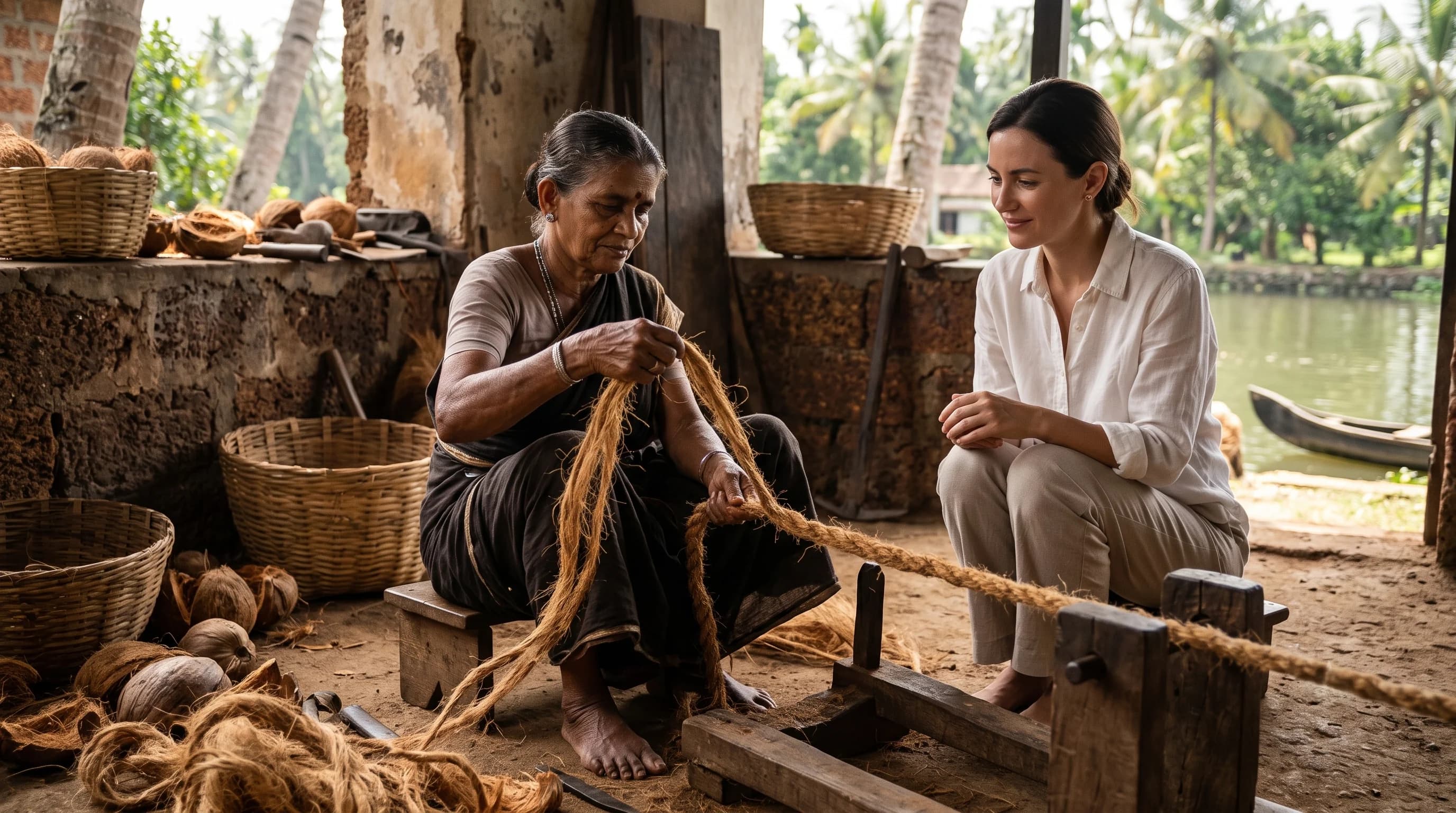 A woman spinning coir fibre into rope on a wooden frame under a shelter, with baskets and coconut husks around her and a guest sitting alongside.