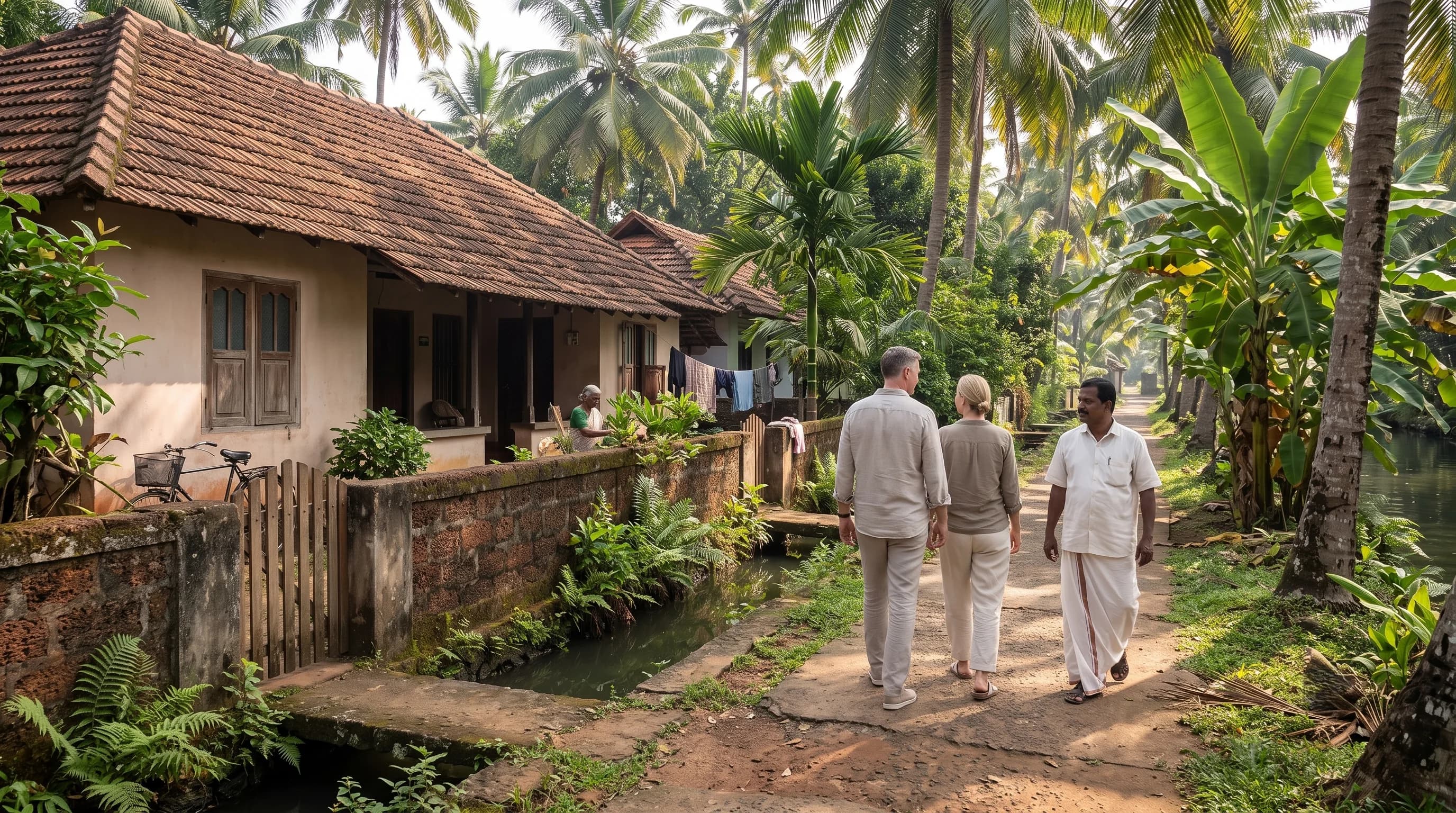 Two guests walking a village path with a host in a white mundu, past tiled houses, a bicycle, laundry on a line and a canal.