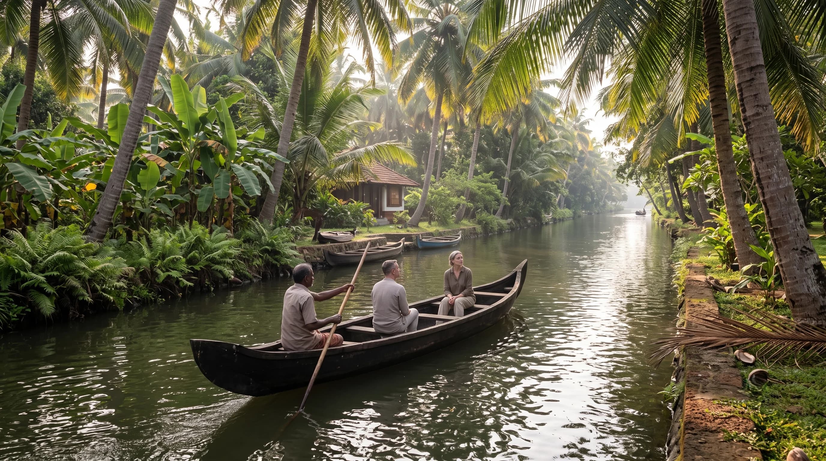 A wooden canoe being poled along a narrow canal between banana and coconut palms, carrying two guests and a boatman, with a tiled house on the bank.
