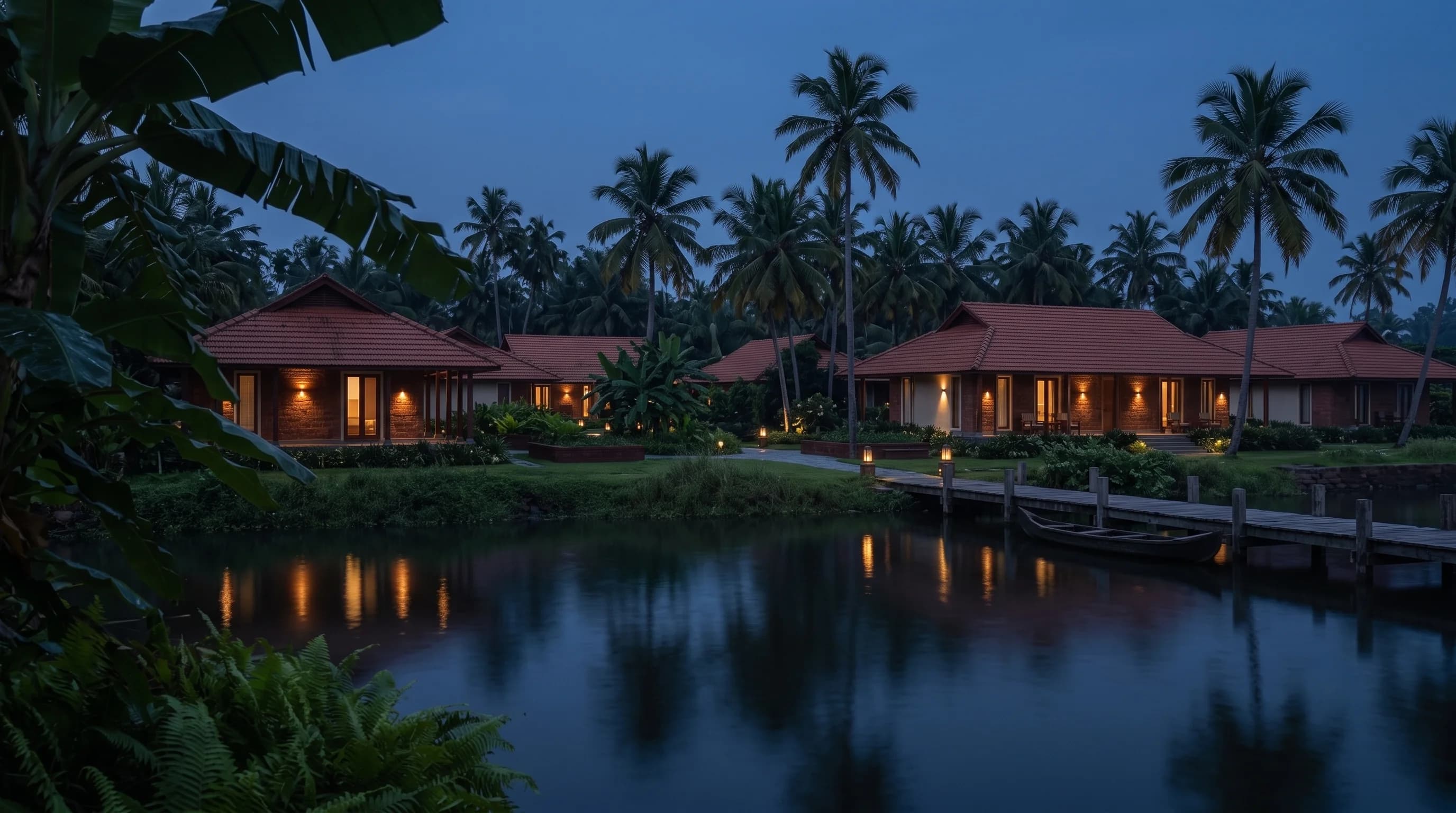 The villa range seen from across the water at blue hour, warm light in the windows and under the eaves, lanterns along a jetty, the lights reflected in the dark lake.