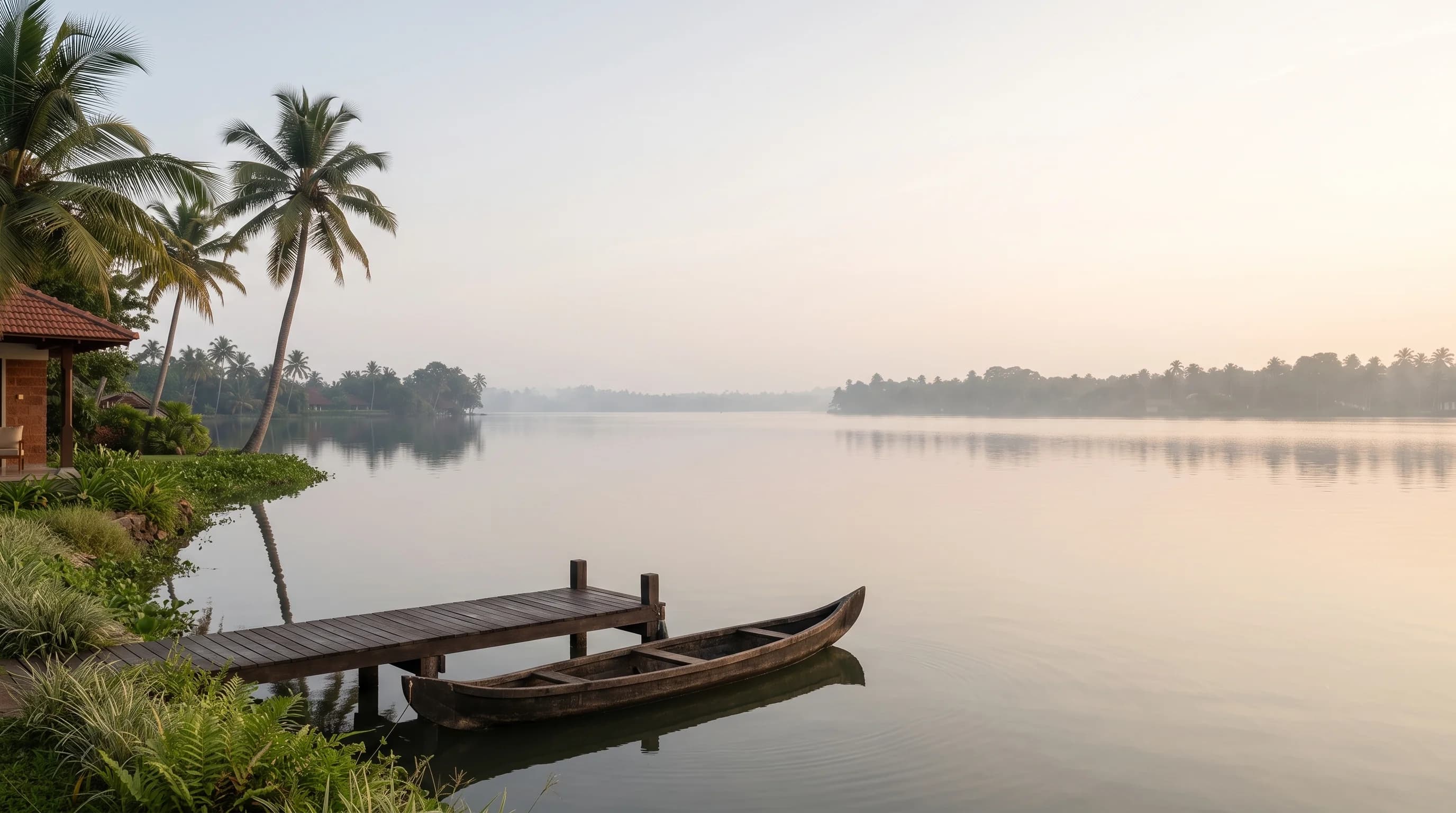 Flat water at first light, a wooden canoe tied alongside a low jetty, the far bank still lost in mist.