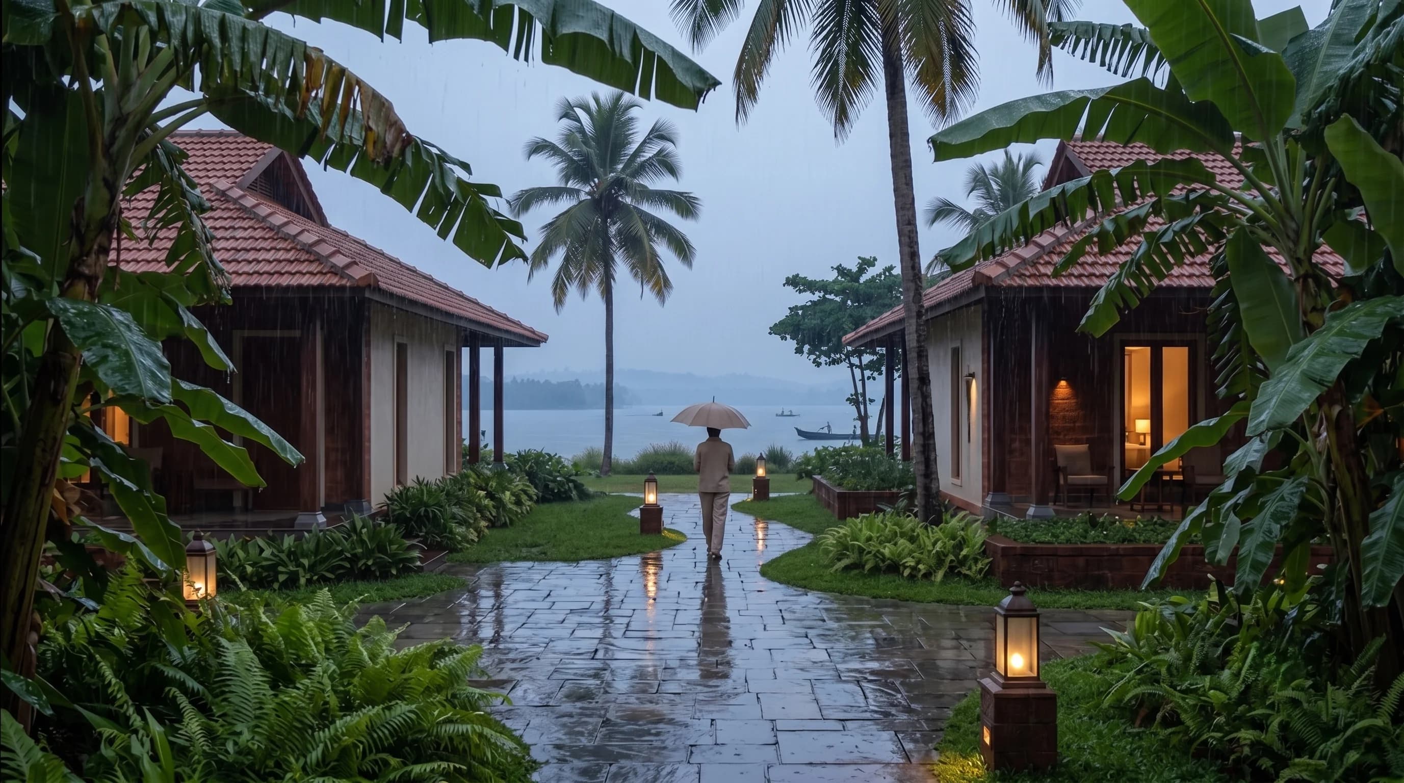 Heavy rain falling between two tiled villas, lanterns lit along a wet stone path running down to the grey lake, one person walking under an umbrella.
